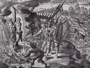 De wraak van de Spanjaarden voor de dood van Ayolas, uit Gottfrieds Historia Antipodum, gepubliceerd in 1655, uit The Romance of the River Plate, Vol. I, door W. H. Koebel, 1914 door after German School