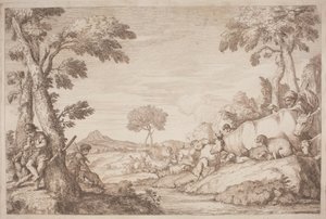 Een pastorale reis met een jongen die bij een boom op zijn fluit speelt door after Giovanni Benedetto Castiglione Gaetano Zompini