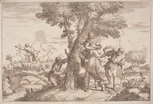 De vlucht naar Egypte met een herder die vanachter een boom toekijkt