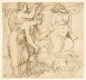 Een sater, twee vrouwen, een leeuw en een geit door after Giulio Romano