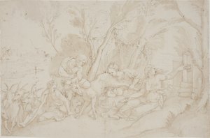 Jupiter gezoogd door de geit Amalthea door after Giulio Romano
