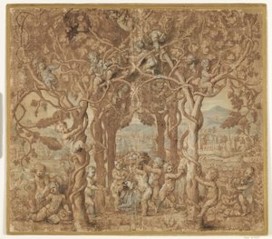 Putti die wijn oogsten en spelen met een bokje door after Giulio Romano