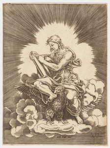 Sint Jan, schrijvend, zittend op een adelaar