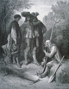 Illustratie voor De Oude Man en de Drie Jonge Mannen, uit Fabels van Jean de La Fontaine