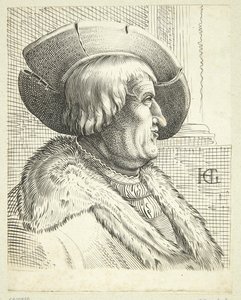 Fantasieportret van oude man met hoed in profiel door after Hendrick Goltzius