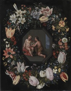 Krans van bloemen met Jezus en de jonge Johannes door after Hendrik van Balen d.Æ.
