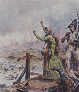Een Franse Cantinière ziet haar man tussen een groep verdrinkende soldaten bij de Slag om Arcole, Italië, 1796