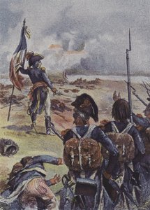 Generaal Augereau plant de vlag van het 1e Bataljon van het 99e Regiment voor hun linies bij de Slag om Arcole, Italië, 1796