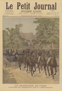 De president van Frankrijk arriveert om de Grand Prix de Paris paardenrace te bekijken