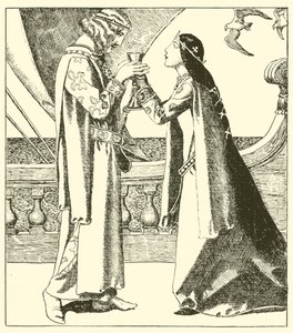 Belle Isoult en Sir Tristram drinken de liefdesdrank door after Howard Pyle