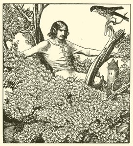 Sir Launcelot klimt om de valk van de dame te vangen door after Howard Pyle