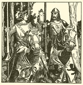Sir Percival en Sir Lamorack rijden samen door after Howard Pyle