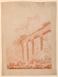 Geitenhoeders in landschap met ruïnes door after Jean Baptiste Huet