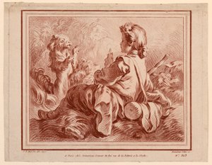 Zittende herder die met een hond speelt door after Jean Baptiste Huet