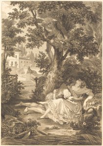 De weddenschap van de drie koopvrouwen: De perenboom door after Jean Baptiste Mallet