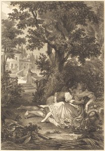 De weddenschap van de drie kletskousen: De perenboom door after Jean Baptiste Mallet