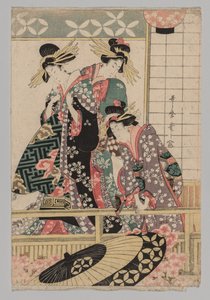 Yoshiwara-vrouwen kijken de straat in in de lente door after Kitagawa Utamaro