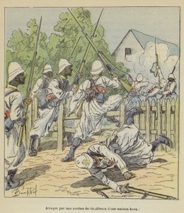 Aanval door een sectie scherpschutters op een Hova-huis door after Louis Charles Bombled