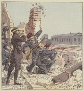 Verdediging van het station van Tien-Tsin door de mariniers door after Louis Charles Bombled