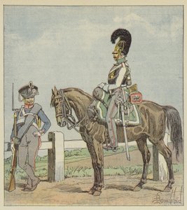Pruisische lijninfanterie (42e reg) en Pruisische kurassier (1806) door after Louis Charles Bombled