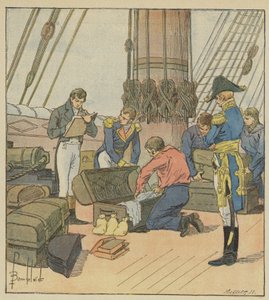 De Engelse admiraliteit maakt de inventaris van Napoleons bagage door after Louis Charles Bombled