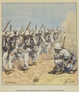 Het 40e bataljon jagers marcheert in een peloton naar Tsarasaotra door after Louis Charles Bombled