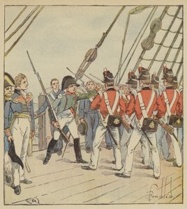 De Keizer geeft de soldaten van de Bellerophon bevelen door after Louis Charles Bombled