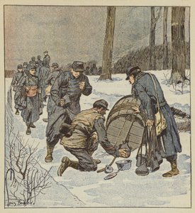 De mariniers vullen hun veldflessen met rum uit een vat door after Louis Charles Bombled