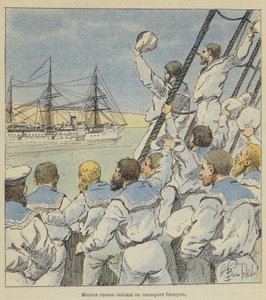 Russische matrozen groeten een Frans transport door after Louis Charles Bombled