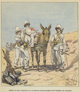 Treinsoldaten verzamelen uitgeputte soldaten van het 40e jagersbataljon langs de weg door after Louis Charles Bombled