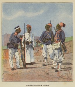 Malgasische en Hausa-soldaten door after Louis Charles Bombled