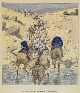 Een militair konvooi op de weg naar Suberbieville door after Louis Charles Bombled
