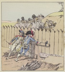 Een sergeant van het garnizoen van Saint-Georges herkent de Oostenrijkse huzaren aan hun nieuwe mantels door after Louis Charles Bombled