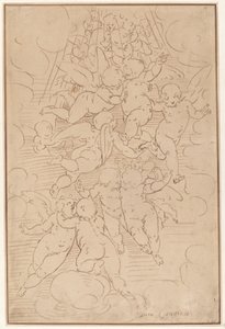 Een Groep Engelen in Glorie door after Luca Cambiaso Italian 17th Century
