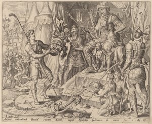 David met het Hoofd van Goliath voor Saul door after Maerten van Heemskerck