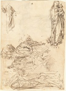 Sint Christoffel, Sint Johannes de Doper, de Maagd en Kind, en Christus Zegent (recto) door after Martin Schongauer Master of the Drapery Studies