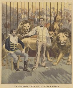 Een barbier in de leeuwenkooi door after Oswaldo Tofani