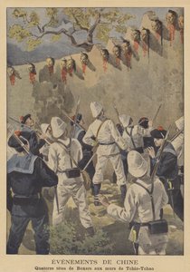 De Bokseropstand: de onthoofde hoofden van veertien Boksers tentoongesteld op de muren van Tchio-Tchao