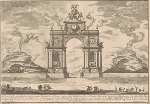 De Prima Macchina voor de Chinea van 1756: Een Triomfboog tussen de Etna en de Vesuvius door after Paolo Posi Giuseppe Pozzi