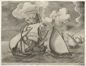 Zeilschepen: Een Vloot van Galeien Begeleid door een Karveel door after Pieter Bruegel