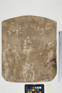 Madonna en Kind met St. Petrus, Bernard (of Bruno), Jacobus, Augustinus en vier engelen, Madonna del Baldacchino