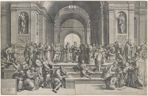 De school van Athene. Uitgegeven 1550 door after Raphael