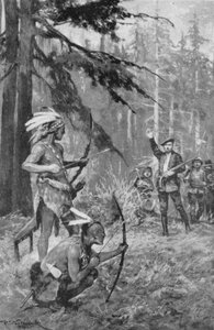 Jacques Cartier ontmoet inboorlingen in een bos nabij de St. Lawrence rivier