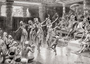 Een 19e-eeuwse kunstenaarsimpressie van Gautamiputra Satakarani die zijn overwinning op Nahapana viert, uit Hutchinsons Geschiedenis van de Naties, pub.1915 door after Robert Dudley