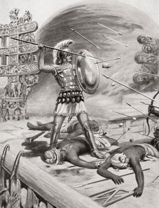 Alexander de Grote vecht tegen de Assacani bij de versterkte stad Massaga, India tijdens zijn Indiase Campagne in 326 v.Chr., uit Hutchinsons Geschiedenis van de Naties, pub.1915