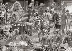 Pulakeshin II, de Chalukaya, ontvangt gezanten uit Perzië in Badami, uit Hutchinsons Geschiedenis van de Naties, pub.1915