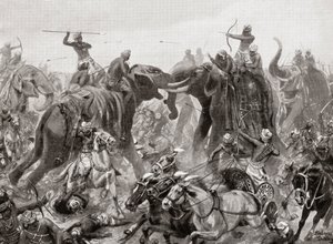 De nederlaag van Pulakeshin Chalukhya door Narasimhavarman I bij Badami in 642 AD, uit Hutchinsons Geschiedenis van de Naties, pub.1915