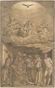 De Maagd en het Kind in de Wolken met Zes Heiligen door after Titian John Baptist Jackson
