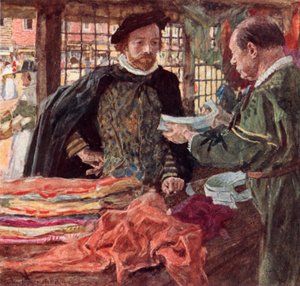 Shakespeare bij een stoffenwinkel om een van de nieuwe vallende kragen te kopen die de ruwe kragen vervangen