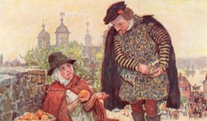 Shakespeare koopt een sinaasappel van twee pence bij een fruitverkoper op Tower Hill, Londen